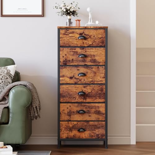 Furnulem Tall Dresser with 6 Drawers,Vertical End Table and Nightstand for Bedroom,Industrial Dorm Bedside Furniture with Fabric Storage Drawer Organizer in Living Room,Closet,Entryway(Rustic Brown) Furnulem Tall Dresser with 6 Drawers,Vertical End Table and Nightstand for Bedroom,Industrial Dorm Bedside Furniture with Fabric Storage Drawer Organizer in Living Room,Closet,Entryway(Rustic Brown)