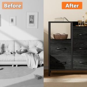 Furnulem 5 Drawer Black Dressers for Bedroom 2 Tier Shelf Storage Small Fabric Dresser for Closet Sturdy Metal Frame Modern Style Storage Cabinets Organization Units for Hallway Rooms