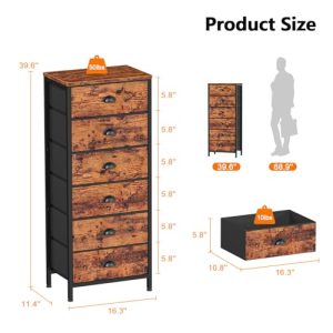 Furnulem Tall Dresser with 6 Drawers,Vertical End Table and Nightstand for Bedroom,Industrial Dorm Bedside Furniture with Fabric Storage Drawer Organizer in Living Room,Closet,Entryway(Rustic Brown)