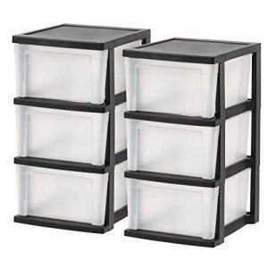 IRIS USA Plastic Drawer Storage Organizer, 3-Drawers, 2-Pack, for Classroom Art Craft Supplies, Bathroom Bedroom, Laundry Room, Black/Clear