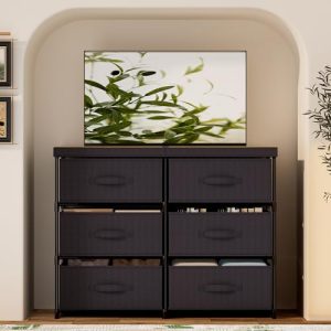 Dresser with 6 Fabric Drawer Stand Desktop Sturdy Metal Plastic Support Tube Cube Storage Cabinet for Bedroom Organization Dorm Front Hall Entryway