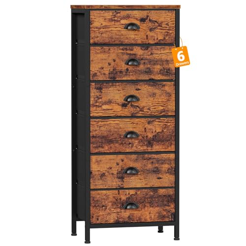 Furnulem Tall Dresser with 6 Drawers,Vertical End Table and Nightstand for Bedroom,Industrial Dorm Bedside Furniture with Fabric Storage Drawer Organizer in Living Room,Closet,Entryway(Rustic Brown) Furnulem Tall Dresser with 6 Drawers,Vertical End Table and Nightstand for Bedroom,Industrial Dorm Bedside Furniture with Fabric Storage Drawer Organizer in Living Room,Closet,Entryway(Rustic Brown)
