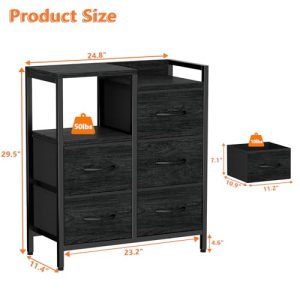 Furnulem 5 Drawer Black Dressers for Bedroom 2 Tier Shelf Storage Small Fabric Dresser for Closet Sturdy Metal Frame Modern Style Storage Cabinets Organization Units for Hallway Rooms