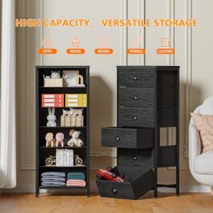 Furnulem Tall Dresser with 6 Drawers,Vertical Bedside End Table & Chest for Bedroom,Black Storage Tower Dorm Nightstand with Fabric Drawer Organizer Unit Furniture in Living Room,Closet,Hallyway