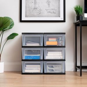 IRIS USA Plastic Drawer Storage Organizer, 3-Drawers, 2-Pack, for Classroom Art Craft Supplies, Bathroom Bedroom, Laundry Room, Black/Clear