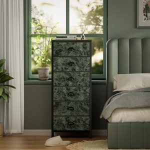 Furnulem Vertical Dresser for Bedroom,Tall Storage Tower Unit and Chest with 6 Drawers,Vintage Green Nightstand Furniture with Fabric Drawer Organizer in Dorm, Living Room,Closet,Entryway,Hallyway